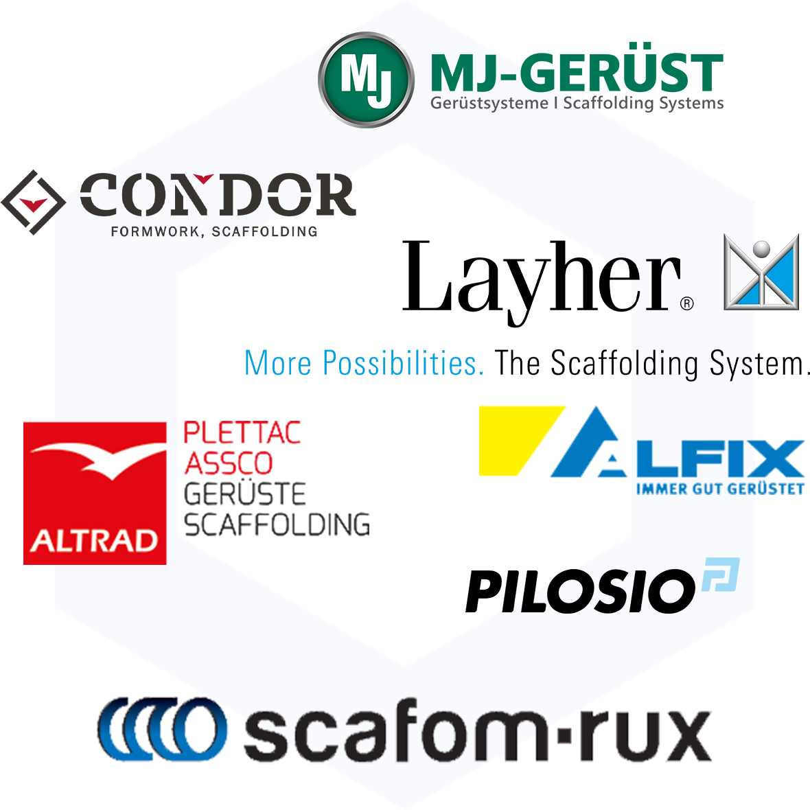 Леса СОЮЗ совместимы с аналогами: Scafom-Rux, Plettac, Layher, Pilosio, MJ-Geruest, Alfix, Condor.